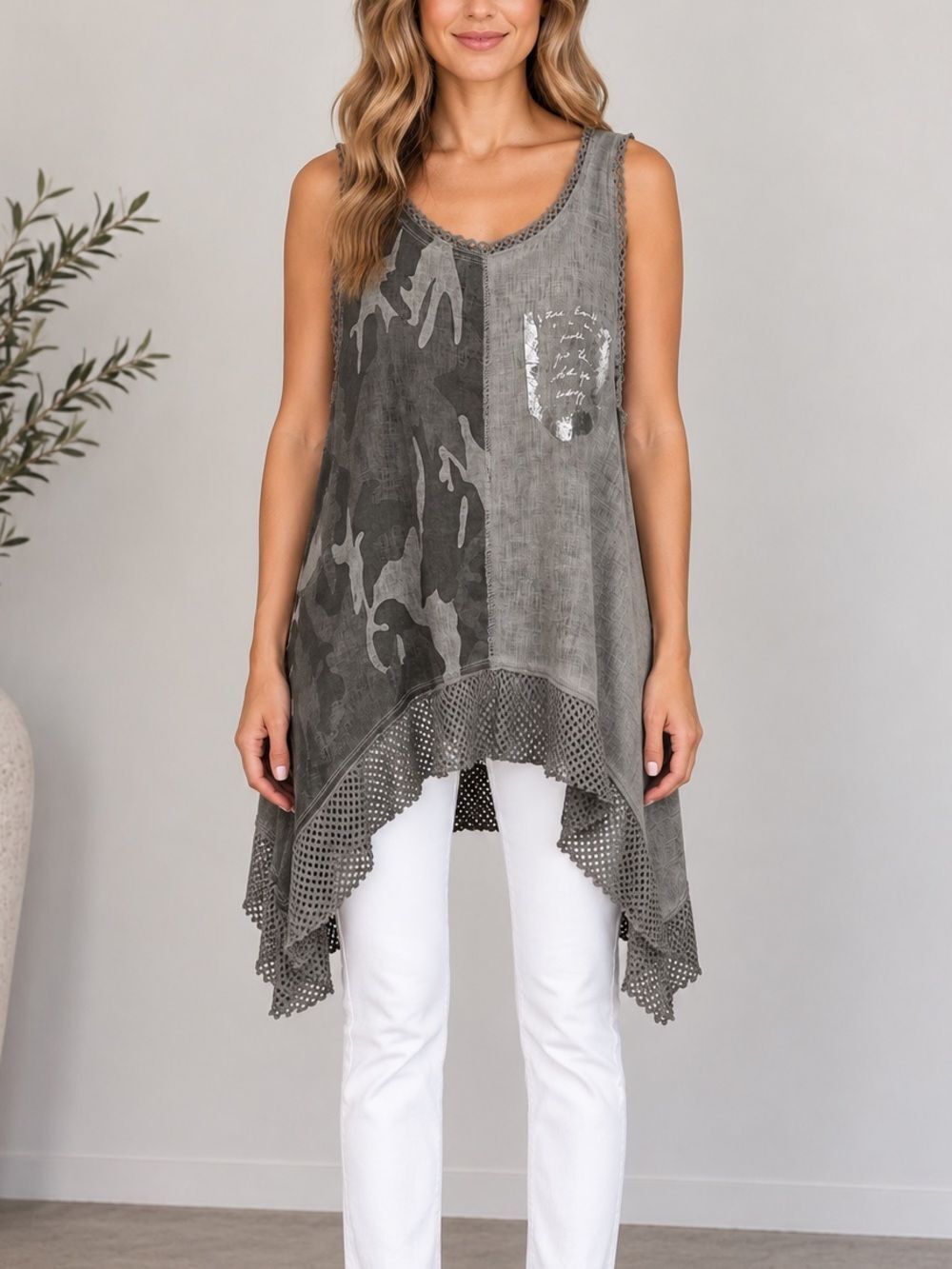 Odette Italy Gray Camo Patchwork Crochet Mesh Asymmetrical Tunic Tank OS